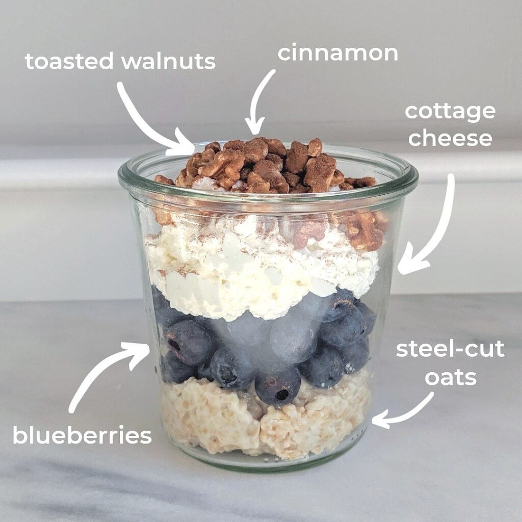oats with cottage cheese, blueberries, toasted walnuts, and cinnamon